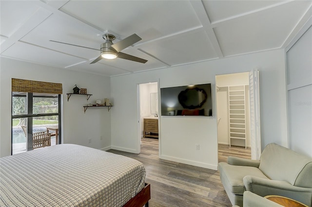 bedroom featuring coffered ceiling, a walk in closet, access to outside, hardwood / wood-style flooring, and ceiling fan