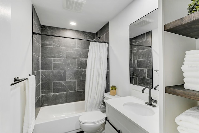 full bathroom with shower / bathtub combination with curtain, vanity, and toilet