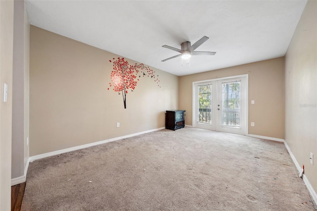 unfurnished living room featuring french doors, ceiling fan, and carpet flooring