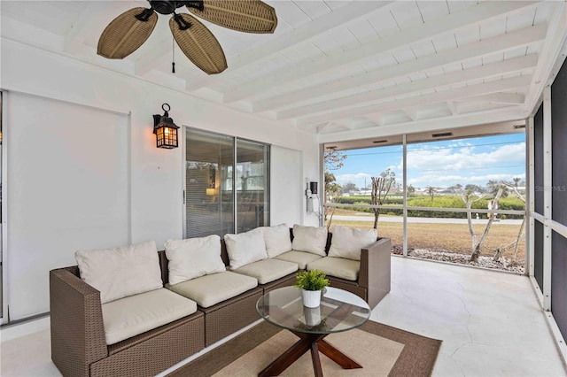 sunroom with ceiling fan, wooden ceiling, and beam ceiling