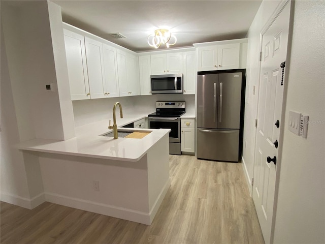 kitchen with sink, white cabinets, kitchen peninsula, stainless steel appliances, and light hardwood / wood-style flooring