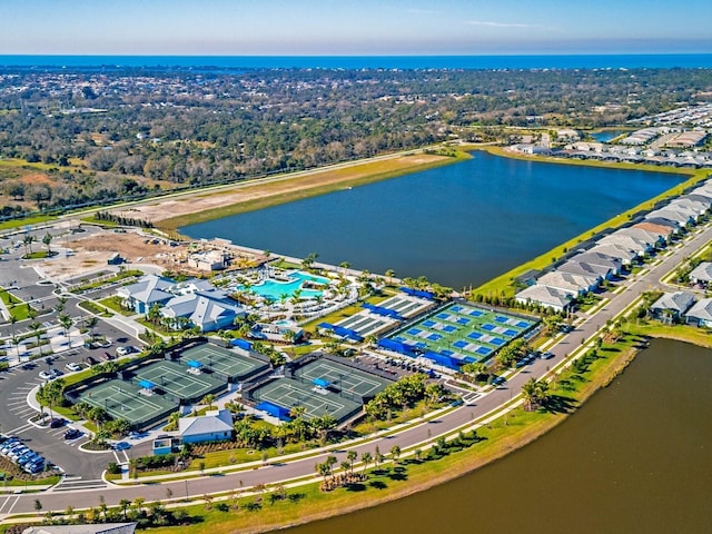 birds eye view of property featuring a water view