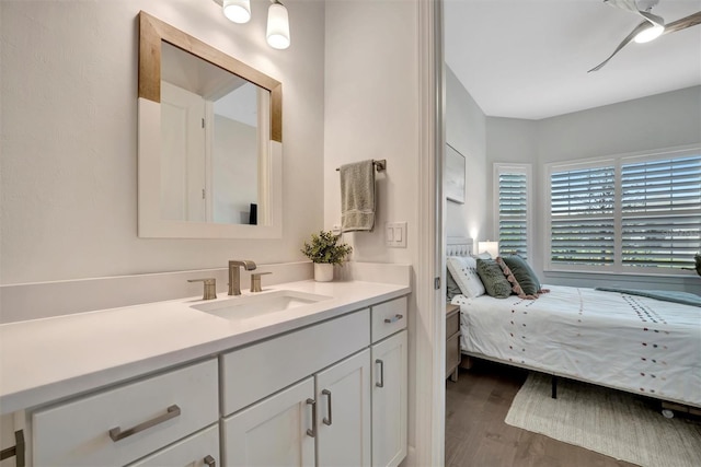 bathroom with vanity and hardwood / wood-style floors