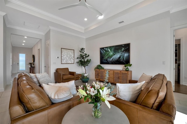 living room with crown molding, ceiling fan, and wood-type flooring