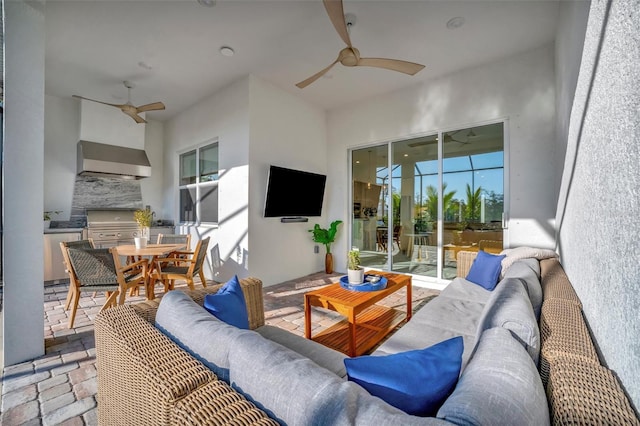 living room featuring ceiling fan