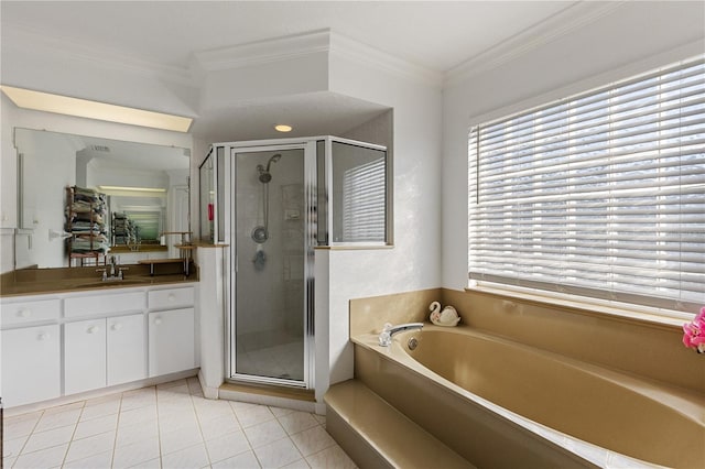 bathroom with vanity, tile patterned flooring, crown molding, and independent shower and bath