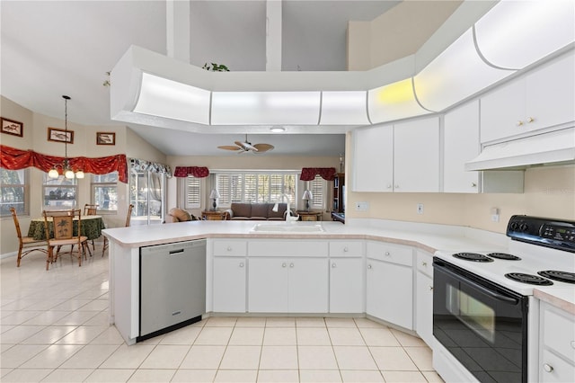 kitchen featuring electric range oven, white cabinets, stainless steel dishwasher, kitchen peninsula, and custom range hood