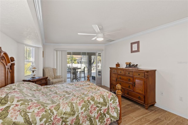 bedroom featuring crown molding, access to exterior, and ceiling fan