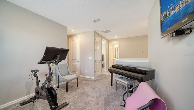 workout room featuring light colored carpet and a textured ceiling