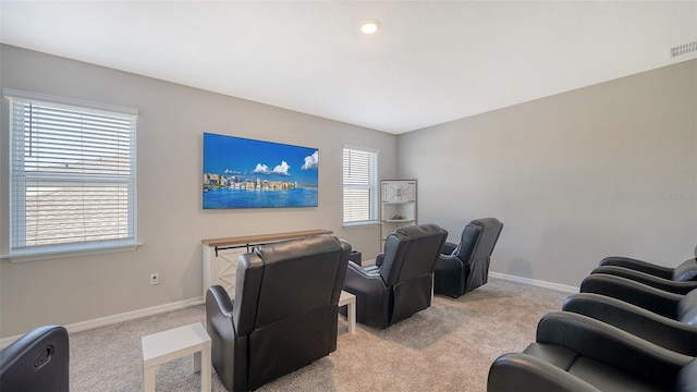 cinema room featuring light colored carpet