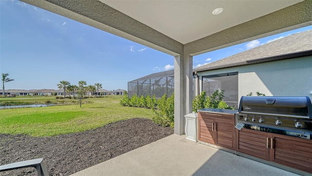 view of patio / terrace with a water view, a lanai, area for grilling, and grilling area