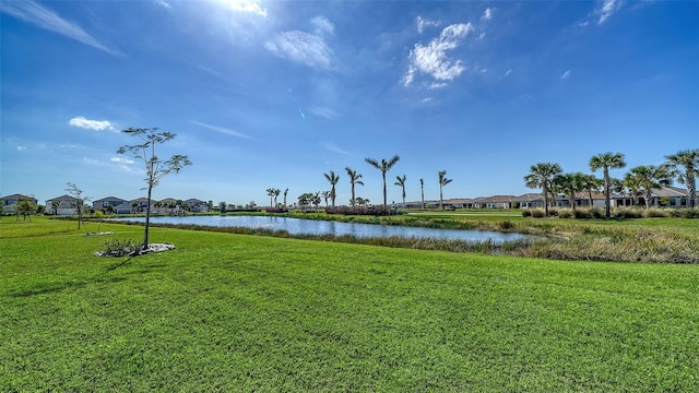 view of property's community with a water view and a lawn