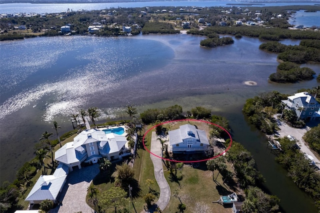 bird's eye view with a water view