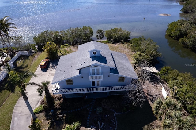 drone / aerial view featuring a water view