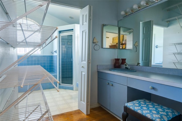 bathroom with vanity and a shower with shower door