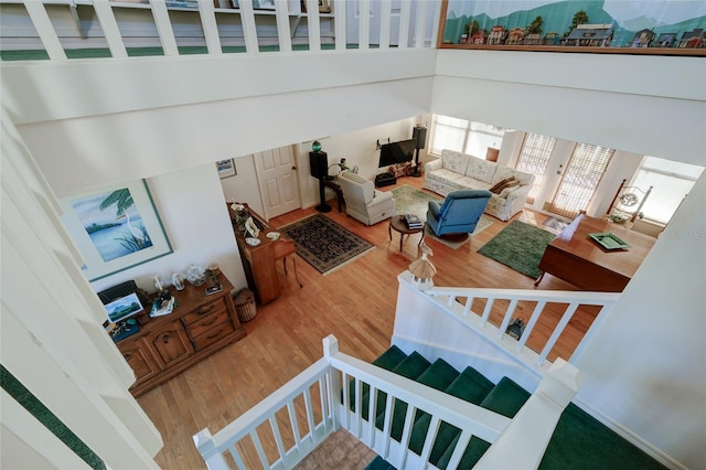 living room featuring a high ceiling and hardwood / wood-style floors