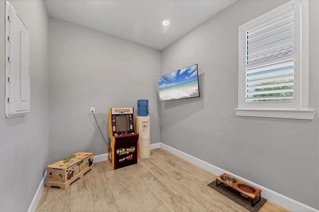 interior space featuring electric panel and light wood-type flooring