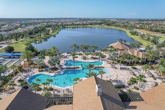 drone / aerial view with a water view