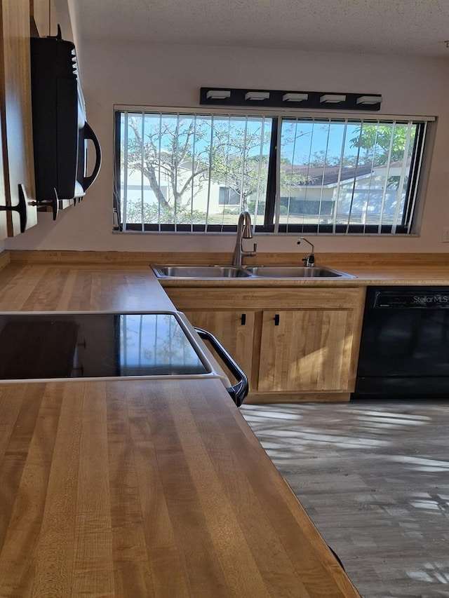 kitchen featuring sink, a textured ceiling, light wood-type flooring, and black appliances