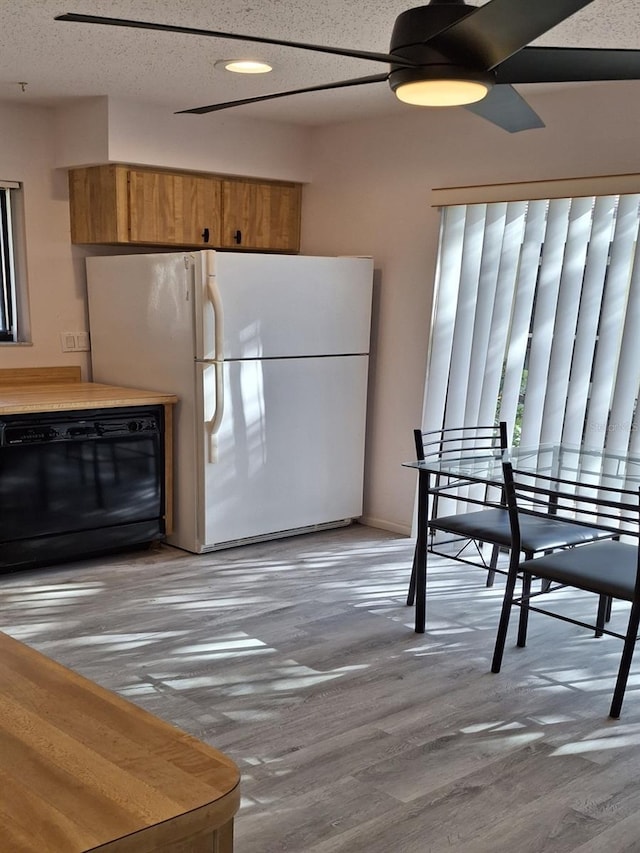 kitchen featuring ceiling fan, black dishwasher, white refrigerator, wood-type flooring, and a textured ceiling