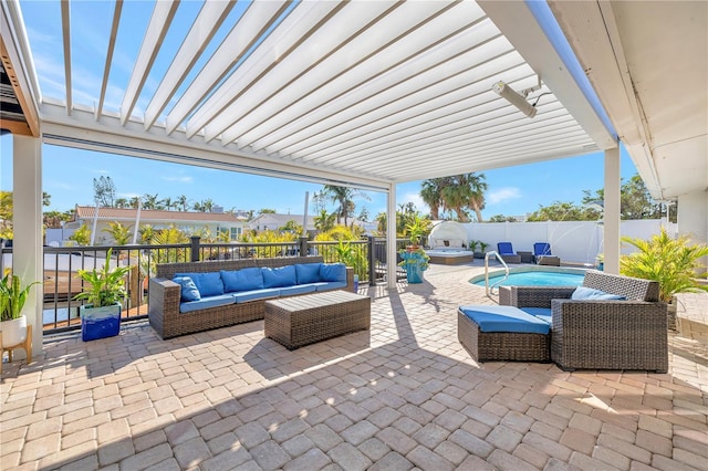 view of patio / terrace with a fenced in pool, an outdoor hangout area, and a pergola