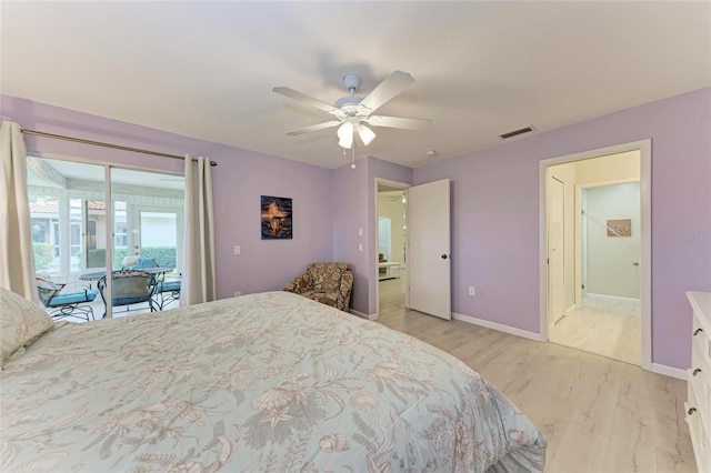 bedroom with ceiling fan, light hardwood / wood-style flooring, and access to outside