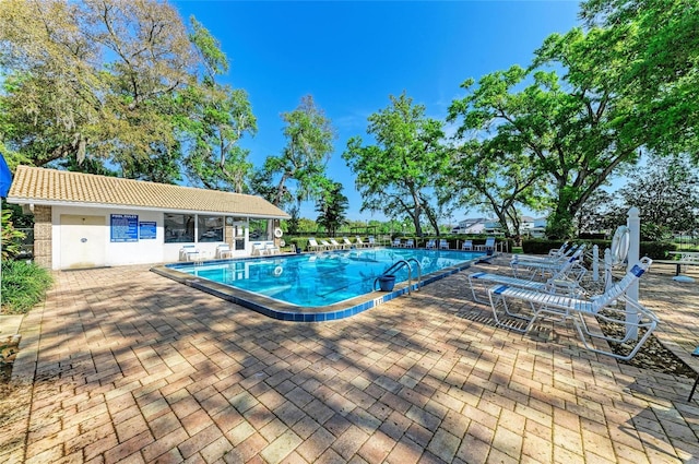 view of swimming pool with a patio area