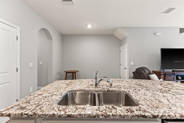 kitchen featuring a kitchen island with sink, sink, and light stone countertops