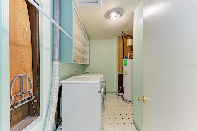 washroom with electric water heater and washer and clothes dryer