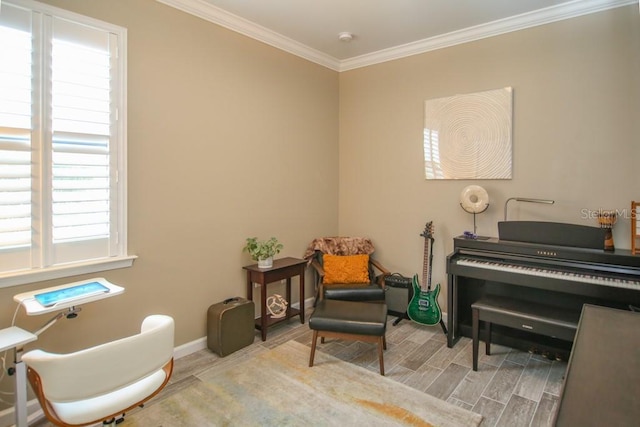 living area featuring ornamental molding