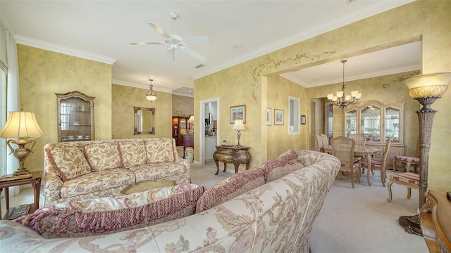 living room featuring light colored carpet, ornamental molding, and ceiling fan with notable chandelier