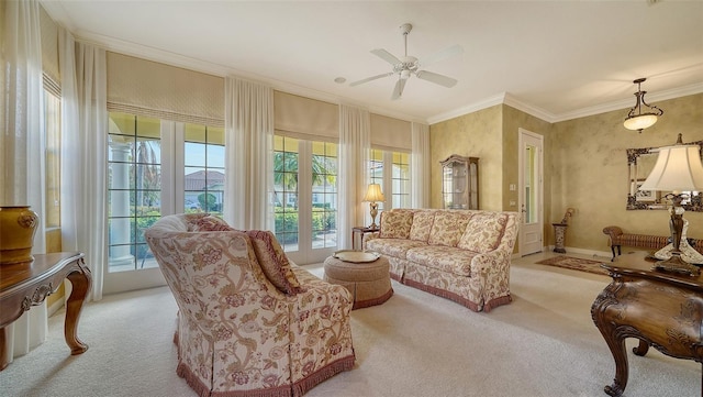 interior space featuring crown molding and ceiling fan