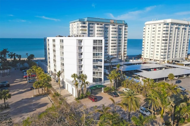 view of building exterior with a water view