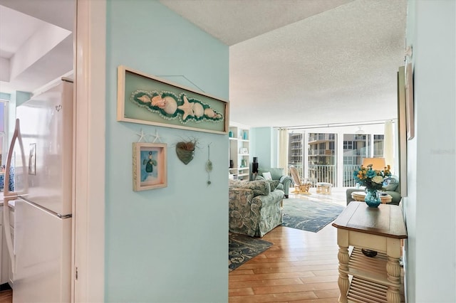 corridor featuring hardwood / wood-style flooring, expansive windows, and a textured ceiling