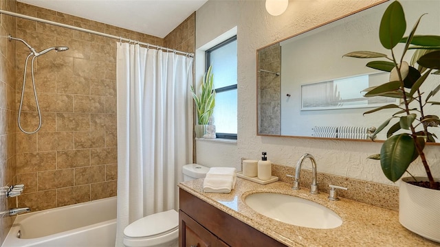 full bathroom featuring shower / bath combination with curtain, vanity, and toilet