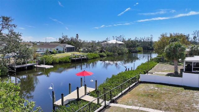 property view of water featuring a boat dock