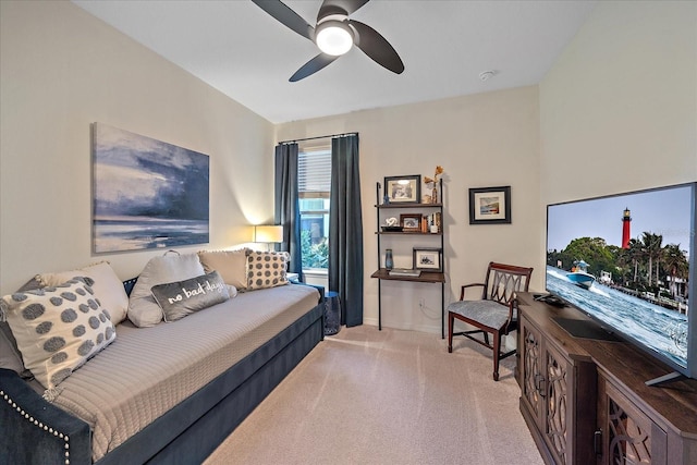 carpeted bedroom featuring ceiling fan