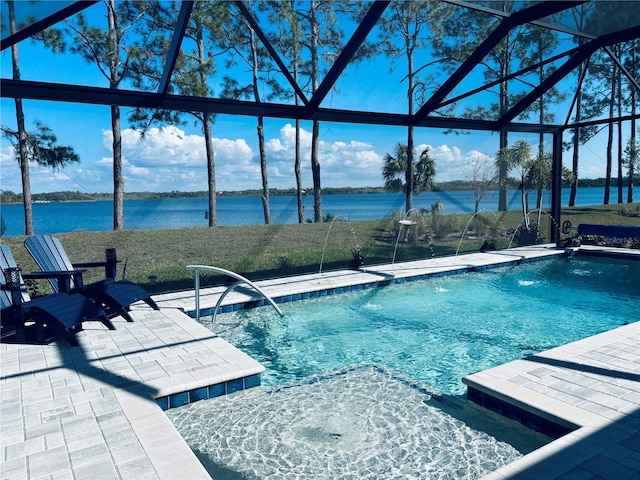 view of swimming pool featuring a water view, pool water feature, a patio area, and glass enclosure