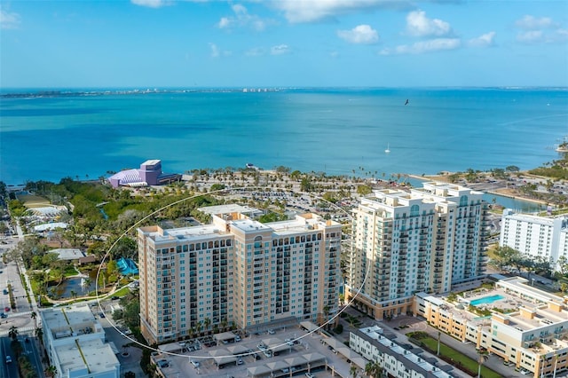 aerial view featuring a water view