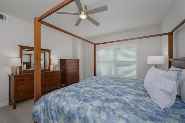 bedroom featuring ceiling fan and light hardwood / wood-style flooring