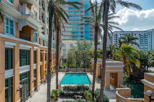 view of swimming pool featuring a patio