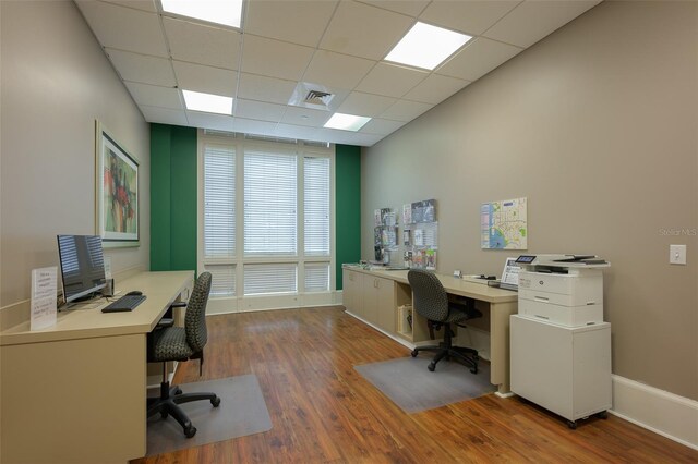 office space featuring hardwood / wood-style floors and a drop ceiling