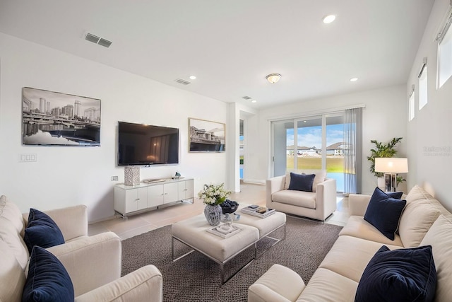 living room featuring light tile patterned floors