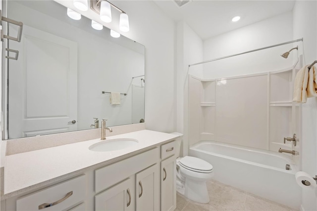 full bathroom with shower / bathing tub combination, vanity, tile patterned floors, and toilet