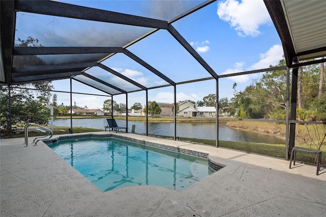 view of swimming pool with a water view, a lanai, and a patio