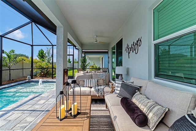 exterior space featuring a ceiling fan, glass enclosure, an outdoor pool, and an outdoor living space