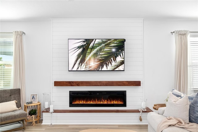 living room with a large fireplace and wood finished floors