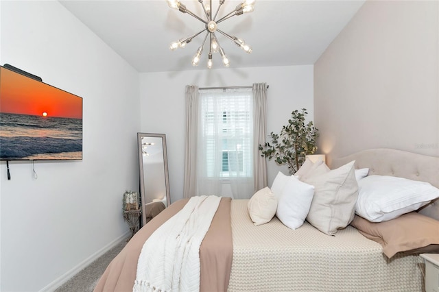 carpeted bedroom featuring a chandelier and baseboards