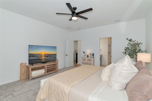 bedroom featuring baseboards, a ceiling fan, visible vents, and light colored carpet