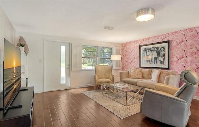 living room featuring dark wood-type flooring